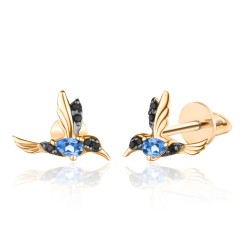Goldene Kolibri-Ohrstecker mit blauen Kristallen und schwarzem Zirkonia