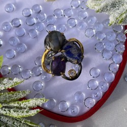Vergoldeter Silberring mit Amethyst,  Labradorit, Sodalith, Zirkonia