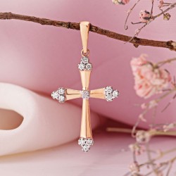 Russisches Gold 585 Gold Kreuzanhänger mit Diamanten