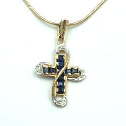 Goldener Kreuzanhänger mit Saphiren und Diamanten