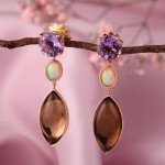 Gianni Lazzaro. Rotgoldohrstecker mit Amethyst, Opal und Rauchquarz