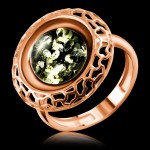 Позолоченное кольцо "Филигрань". Зелёный янтарь