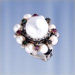  Silberring mit Perle. Granat & Smaragd