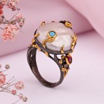 Vergoldeter Silberring mit Tuerkis, Barockperlen & Zirkonia