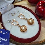 Серьги подвески из красного золота 585 пробы Жемчуг Фианит