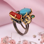 Vergoldeter Silberring mit Tuerkis, Zirkonia & Korall