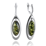 Серебряные серьги-подвески. Зелёный янтарь