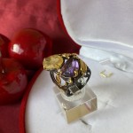 Vergoldeter Silberring mit Amethyst & Quarz