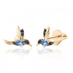 Золотые серьги-пусеты Колибри с голубыми кристаллами и черными фианитами
