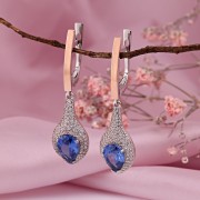 Серебряные серьги-подвески с золотом "Бархат". Фианиты