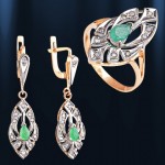 Ring & Ohrhaenger mit Brillianten & Smaragd bicolor